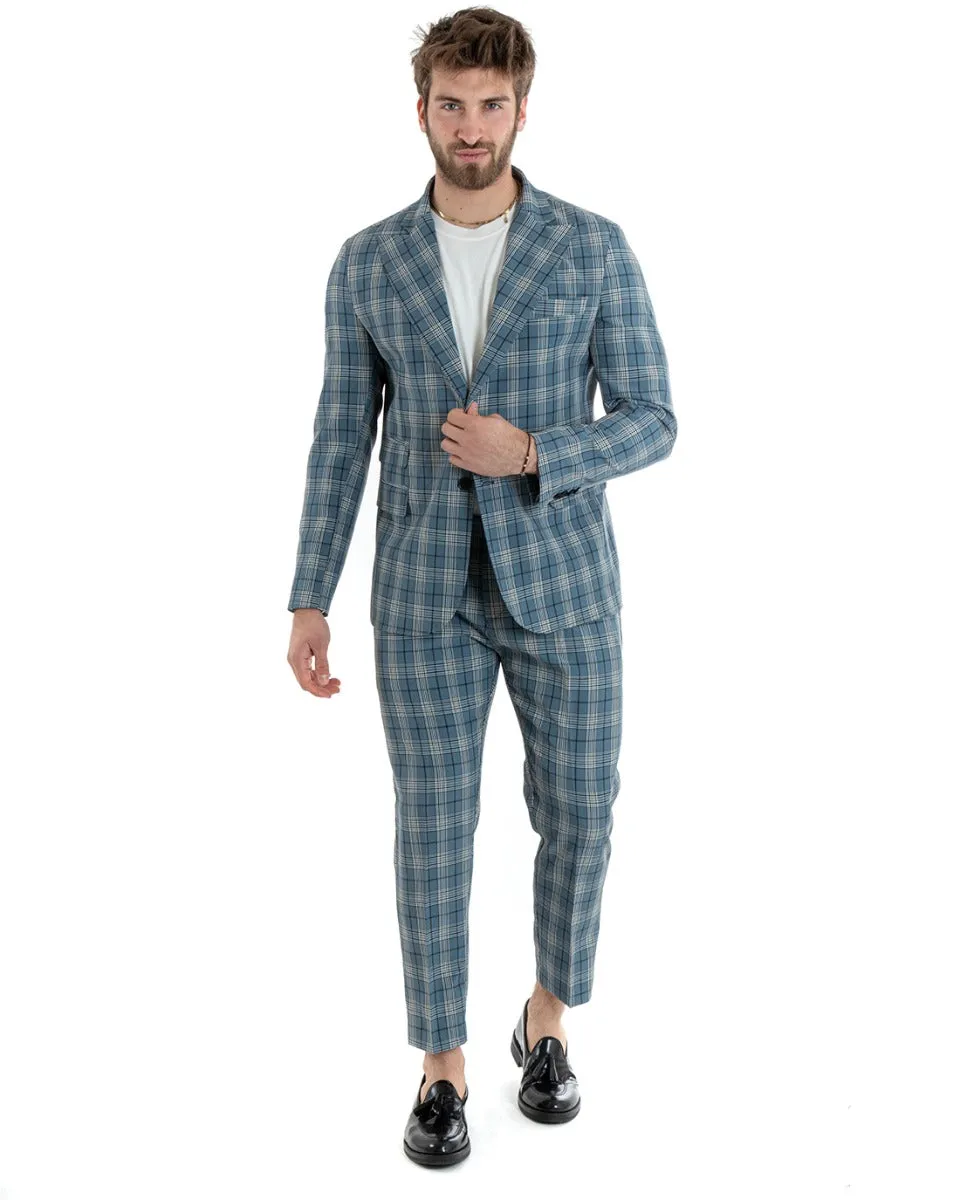 Abito Uomo Monopetto Vestito Viscosa Completo Giacca Pantaloni Blu Quadri Elegante Cerimonia GIOSAL-OU2288A