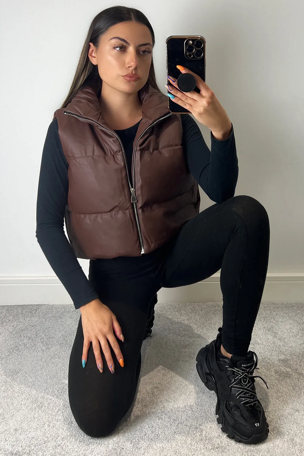 Catalina Brown PU Faux Leather Puffer Gilet