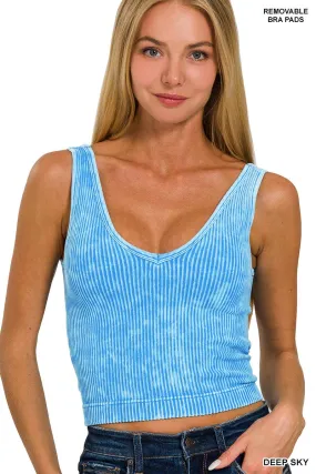 DEEP SKY WASHED RIB CROP V NECK TANK W/ REMOVABLE BRA