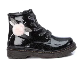 Girls XTI Boots Black Glitter Faux Patent Ankle Inside Zip 5 Eyelet 150212 sale