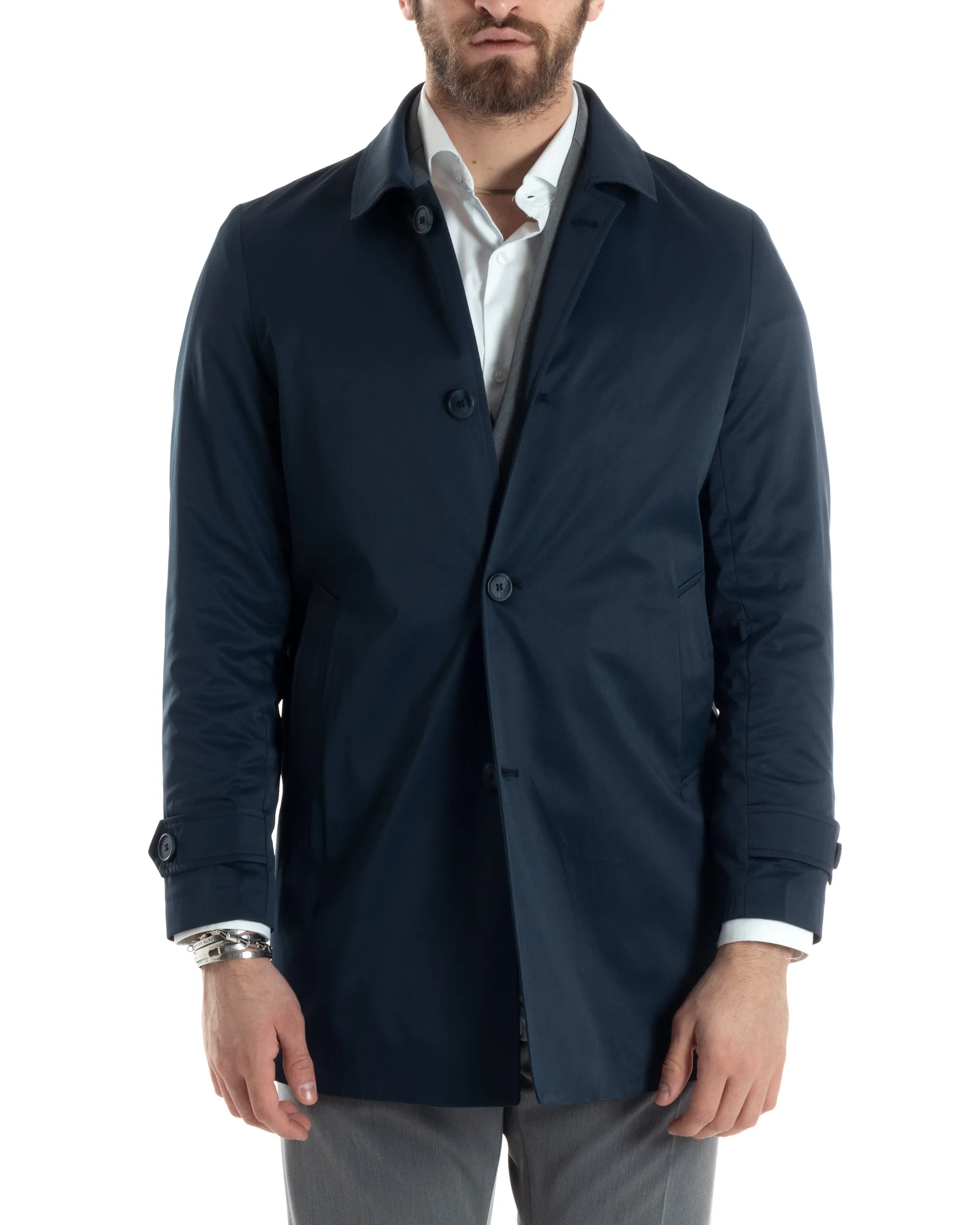 Giubbotto Uomo Trench Lungo Con Colletto Tessuto Impermeabile Blu GIOSAL-G3161A