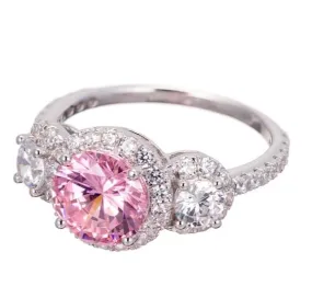 Imitation Pink Diamond Cubic Zirconia Three Stone Halo Engagement Ring In Sterling Silver