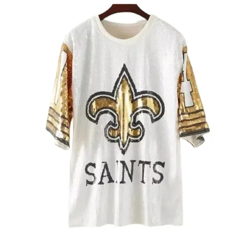 Saints sequence white dress with gold flur de lis symbol Alvin Kamara graphics