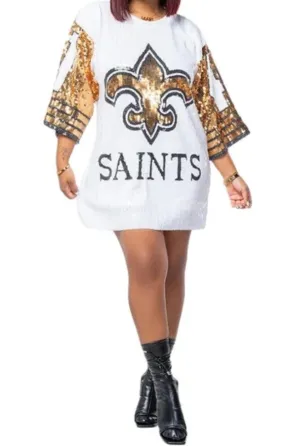 Saints sequence white dress with gold flur de lis symbol Alvin Kamara graphics