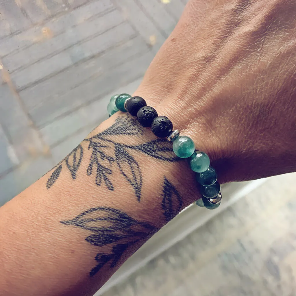 tide // caribbean sea green jade, lava rock and hematite mala bead bracelet